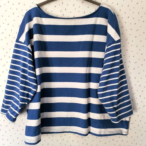LL Bean Top Womens Size 2X Blue White Striped Cotton Breton Fisherman Coastal - Picture 2 of 10